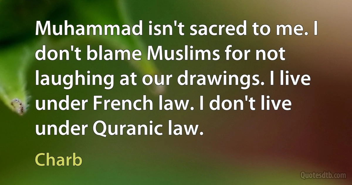 Muhammad isn't sacred to me. I don't blame Muslims for not laughing at our drawings. I live under French law. I don't live under Quranic law. (Charb)