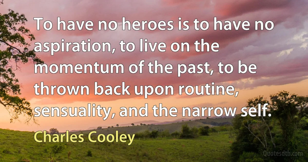 To have no heroes is to have no aspiration, to live on the momentum of the past, to be thrown back upon routine, sensuality, and the narrow self. (Charles Cooley)