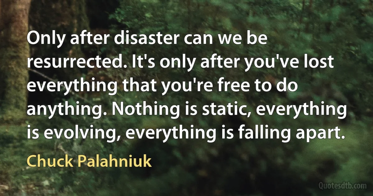 Only after disaster can we be resurrected. It's only after you've lost everything that you're free to do anything. Nothing is static, everything is evolving, everything is falling apart. (Chuck Palahniuk)