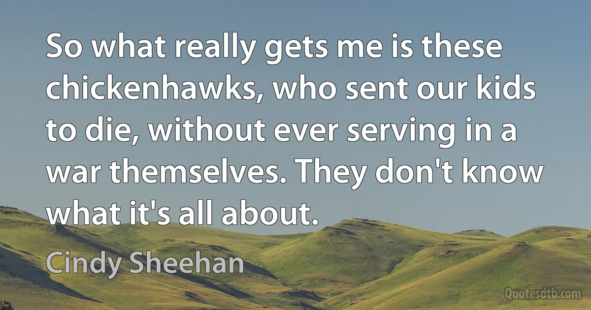 So what really gets me is these chickenhawks, who sent our kids to die, without ever serving in a war themselves. They don't know what it's all about. (Cindy Sheehan)