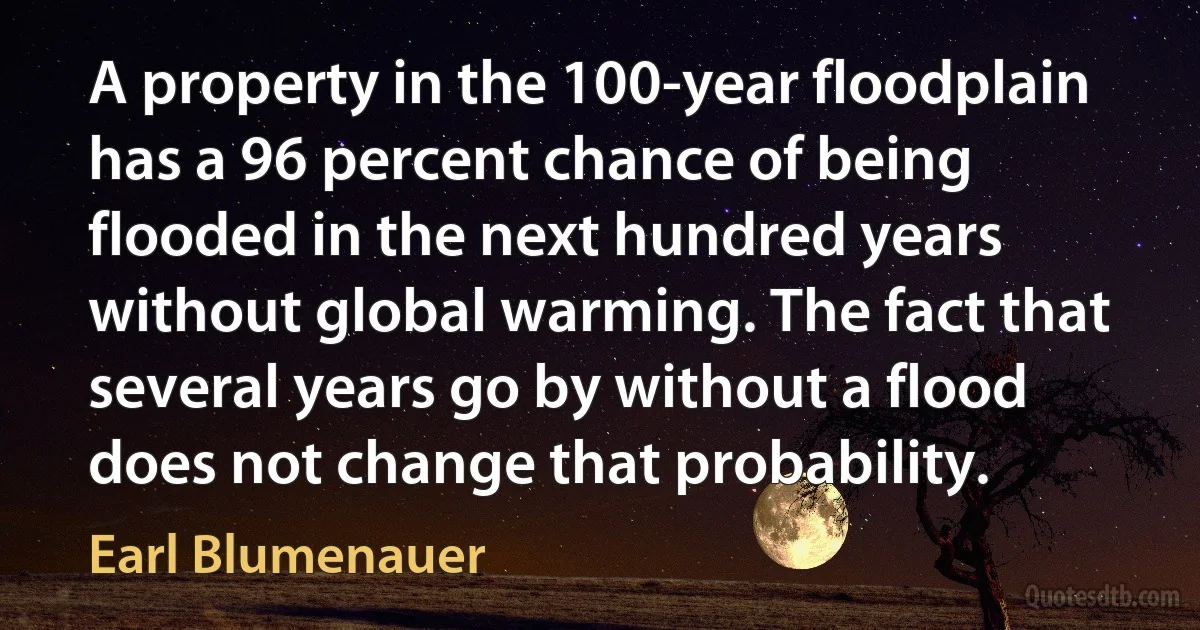 A property in the 100-year floodplain has a 96 percent chance of being flooded in the next hundred years without global warming. The fact that several years go by without a flood does not change that probability. (Earl Blumenauer)