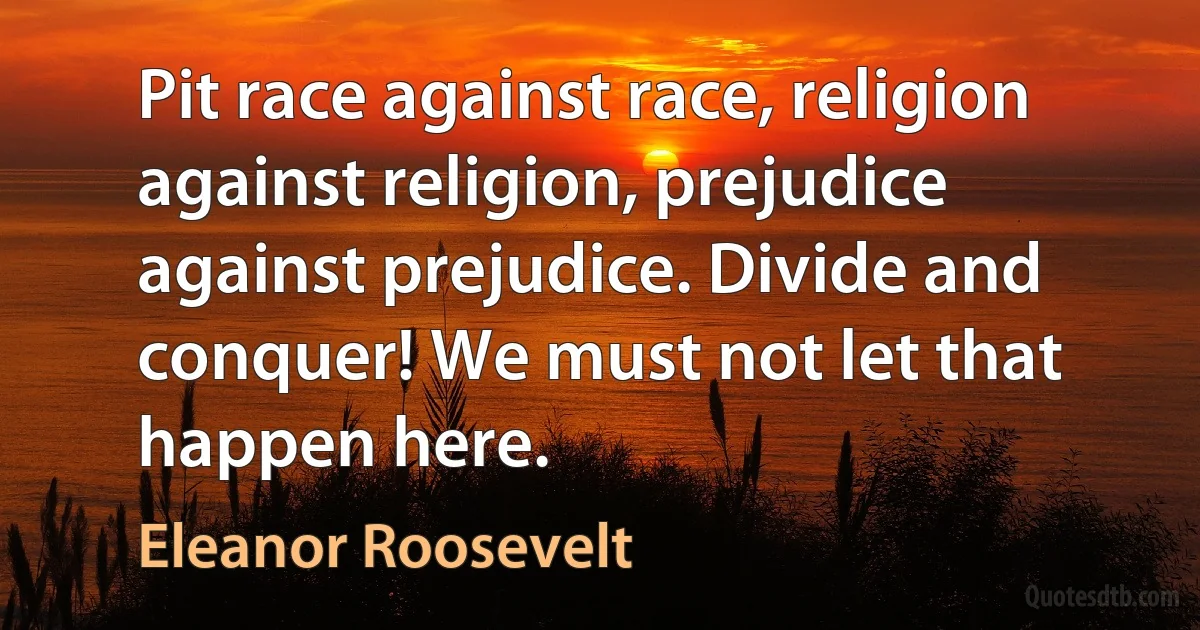 Pit race against race, religion against religion, prejudice against prejudice. Divide and conquer! We must not let that happen here. (Eleanor Roosevelt)