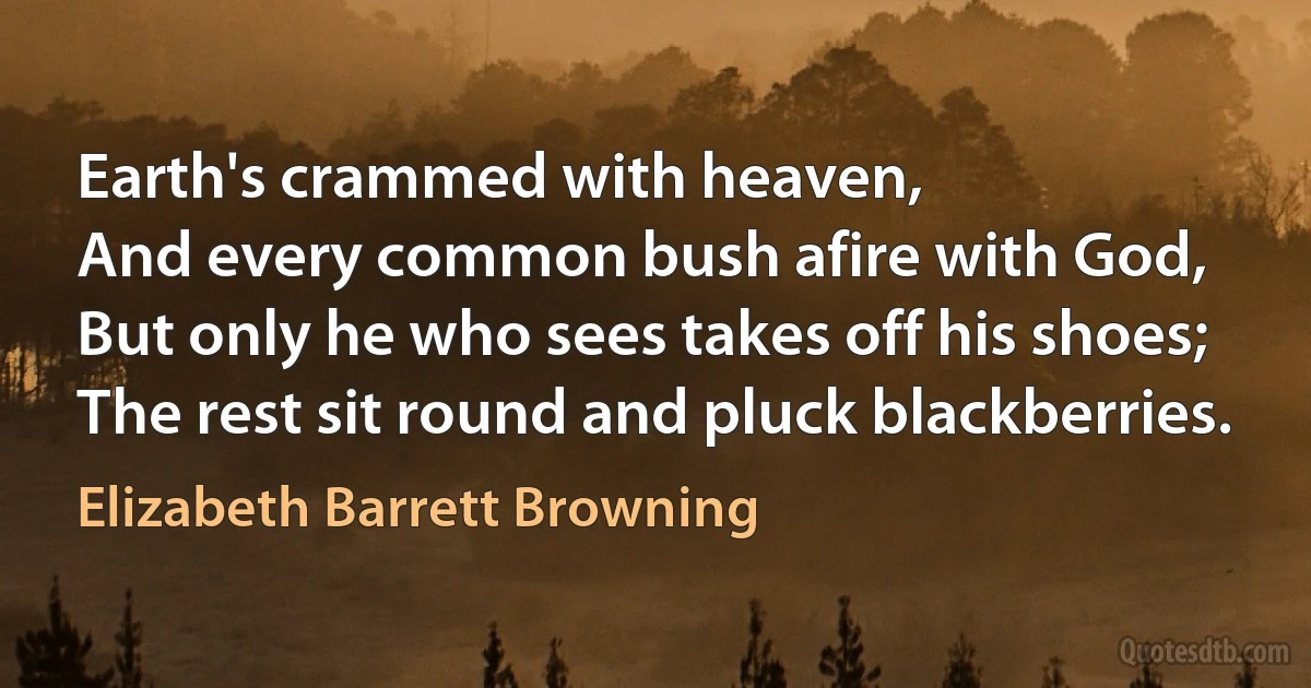 Earth's crammed with heaven,
And every common bush afire with God,
But only he who sees takes off his shoes;
The rest sit round and pluck blackberries. (Elizabeth Barrett Browning)