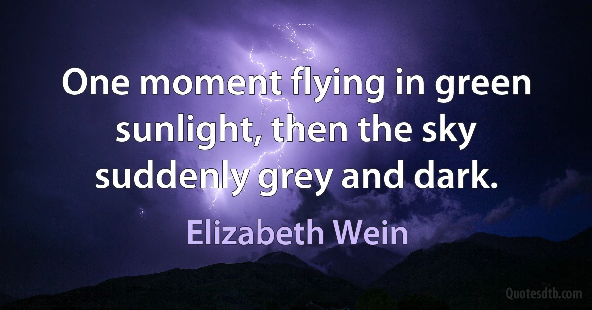 One moment flying in green sunlight, then the sky suddenly grey and dark. (Elizabeth Wein)