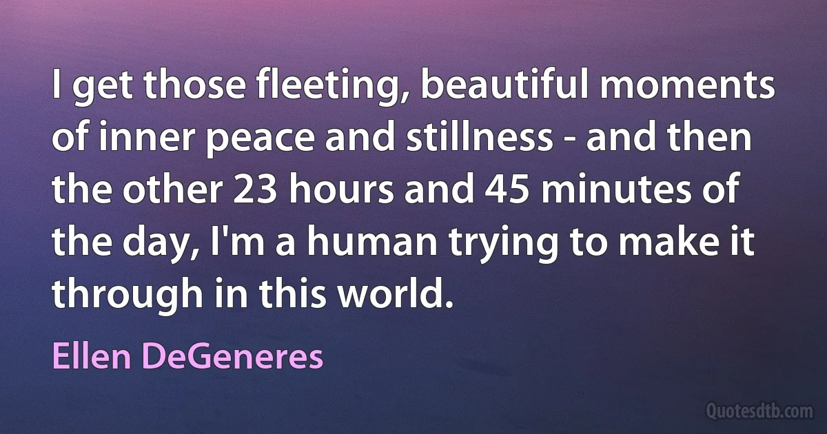 I get those fleeting, beautiful moments of inner peace and stillness - and then the other 23 hours and 45 minutes of the day, I'm a human trying to make it through in this world. (Ellen DeGeneres)