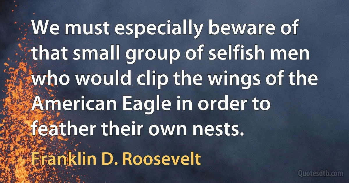 We must especially beware of that small group of selfish men who would clip the wings of the American Eagle in order to feather their own nests. (Franklin D. Roosevelt)