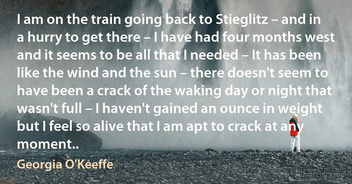 I am on the train going back to Stieglitz – and in a hurry to get there – I have had four months west and it seems to be all that I needed – It has been like the wind and the sun – there doesn't seem to have been a crack of the waking day or night that wasn't full – I haven't gained an ounce in weight but I feel so alive that I am apt to crack at any moment.. (Georgia O'Keeffe)