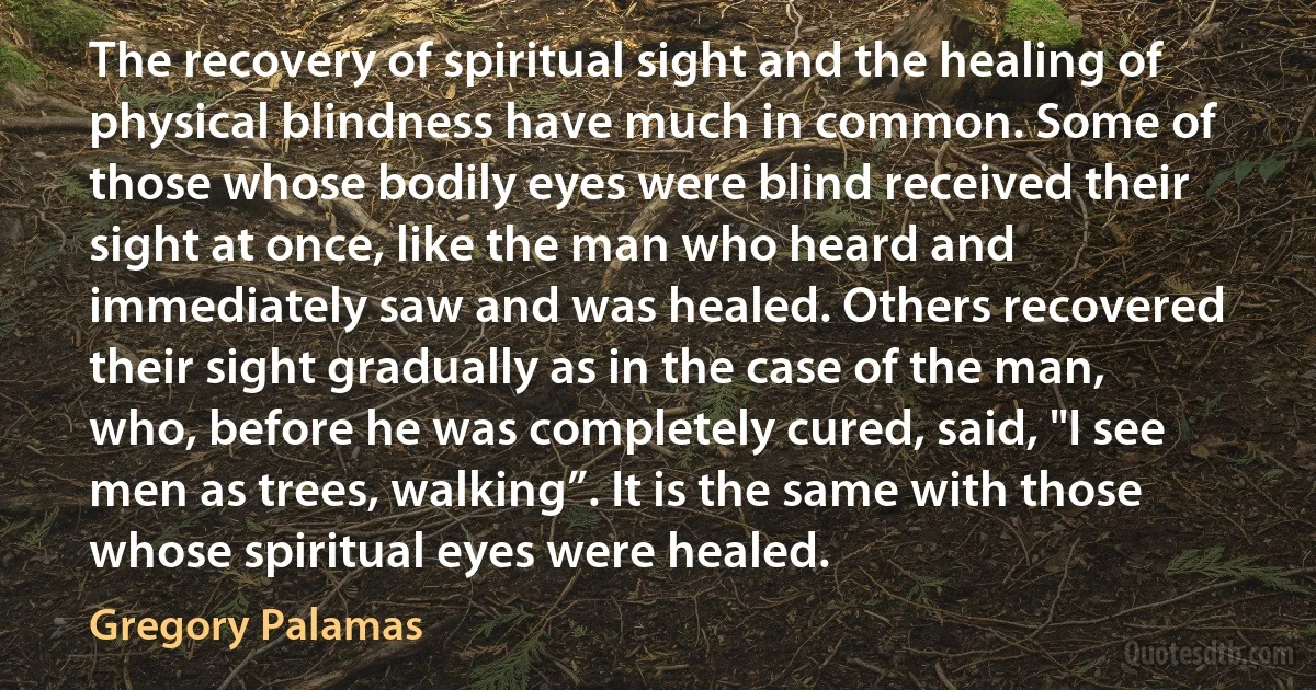 The recovery of spiritual sight and the healing of physical blindness have much in common. Some of those whose bodily eyes were blind received their sight at once, like the man who heard and immediately saw and was healed. Others recovered their sight gradually as in the case of the man, who, before he was completely cured, said, "I see men as trees, walking”. It is the same with those whose spiritual eyes were healed. (Gregory Palamas)