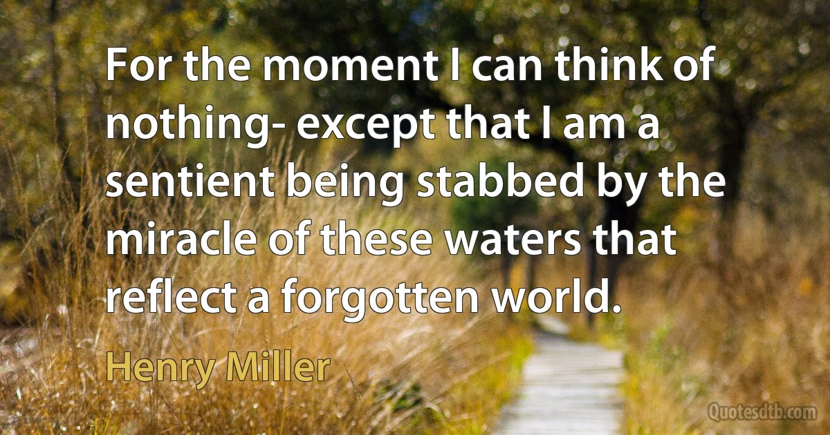 For the moment I can think of nothing- except that I am a sentient being stabbed by the miracle of these waters that reflect a forgotten world. (Henry Miller)