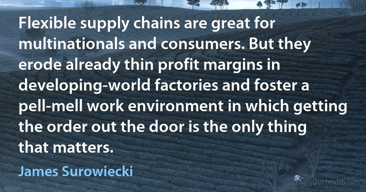 Flexible supply chains are great for multinationals and consumers. But they erode already thin profit margins in developing-world factories and foster a pell-mell work environment in which getting the order out the door is the only thing that matters. (James Surowiecki)