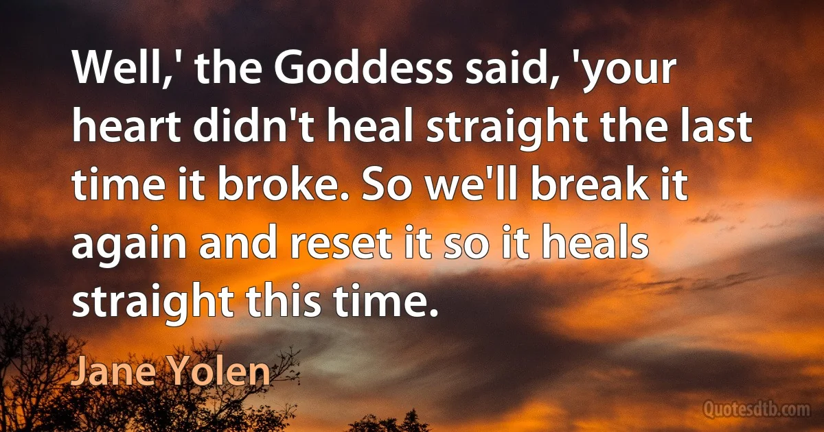 Well,' the Goddess said, 'your heart didn't heal straight the last time it broke. So we'll break it again and reset it so it heals straight this time. (Jane Yolen)