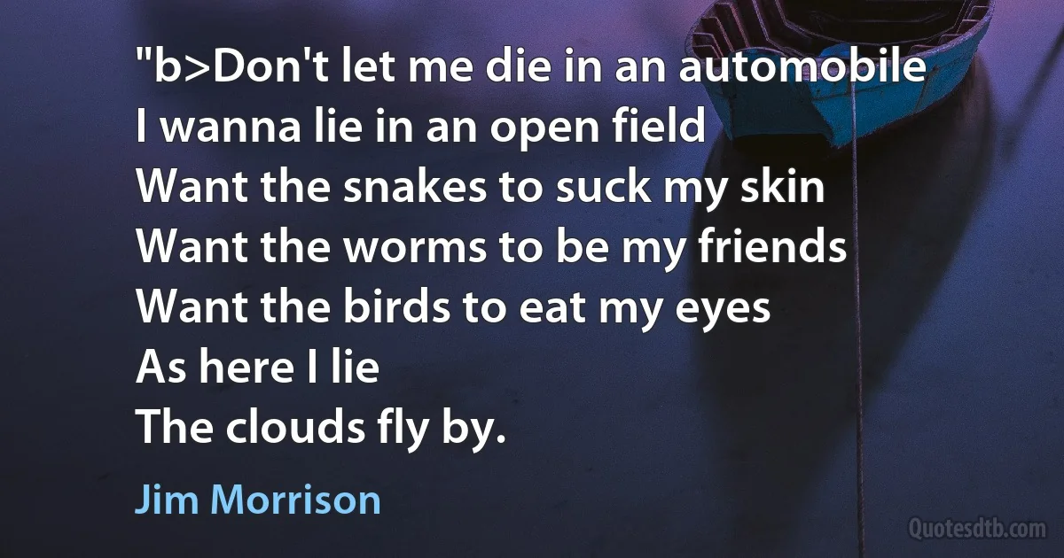 "b>Don't let me die in an automobile
I wanna lie in an open field
Want the snakes to suck my skin
Want the worms to be my friends
Want the birds to eat my eyes
As here I lie
The clouds fly by. (Jim Morrison)