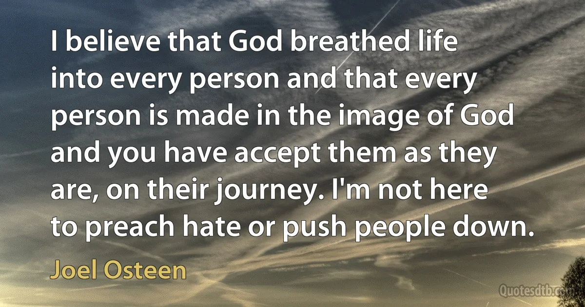 I believe that God breathed life into every person and that every person is made in the image of God and you have accept them as they are, on their journey. I'm not here to preach hate or push people down. (Joel Osteen)