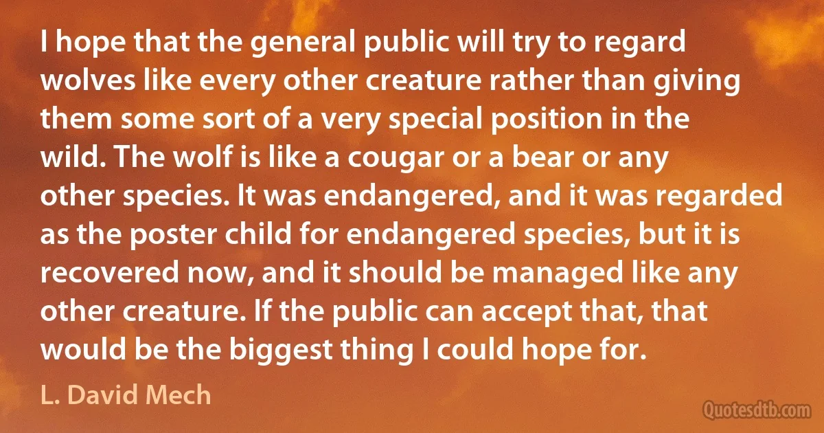 I hope that the general public will try to regard wolves like every other creature rather than giving them some sort of a very special position in the wild. The wolf is like a cougar or a bear or any other species. It was endangered, and it was regarded as the poster child for endangered species, but it is recovered now, and it should be managed like any other creature. If the public can accept that, that would be the biggest thing I could hope for. (L. David Mech)