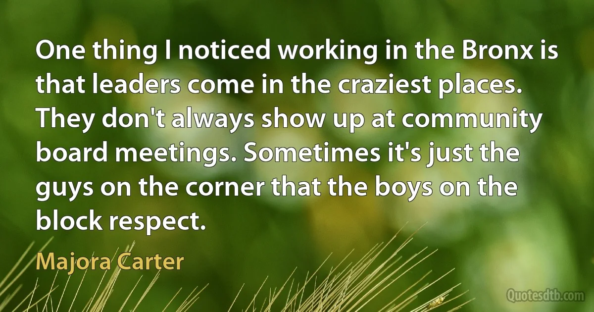 One thing I noticed working in the Bronx is that leaders come in the craziest places. They don't always show up at community board meetings. Sometimes it's just the guys on the corner that the boys on the block respect. (Majora Carter)