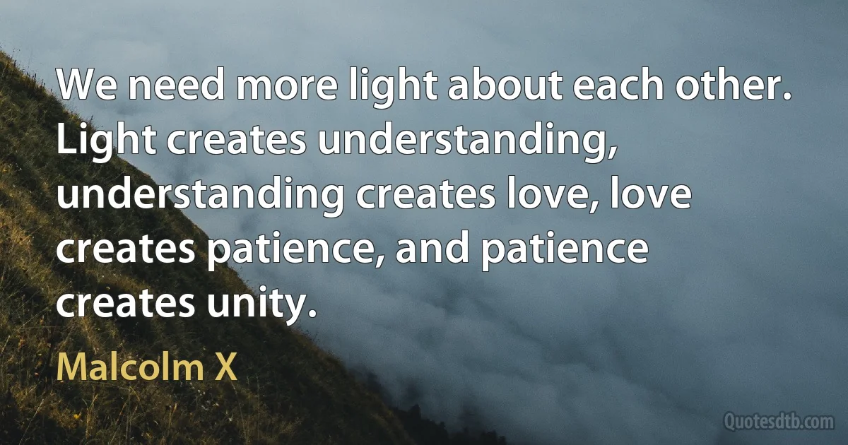 We need more light about each other. Light creates understanding, understanding creates love, love creates patience, and patience creates unity. (Malcolm X)