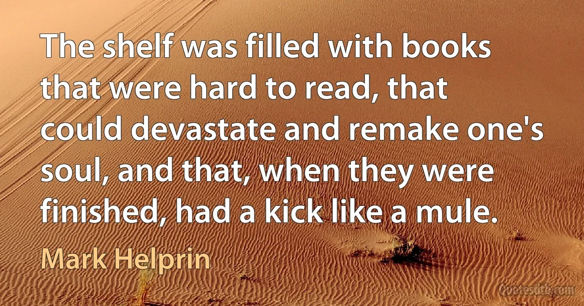 The shelf was filled with books that were hard to read, that could devastate and remake one's soul, and that, when they were finished, had a kick like a mule. (Mark Helprin)