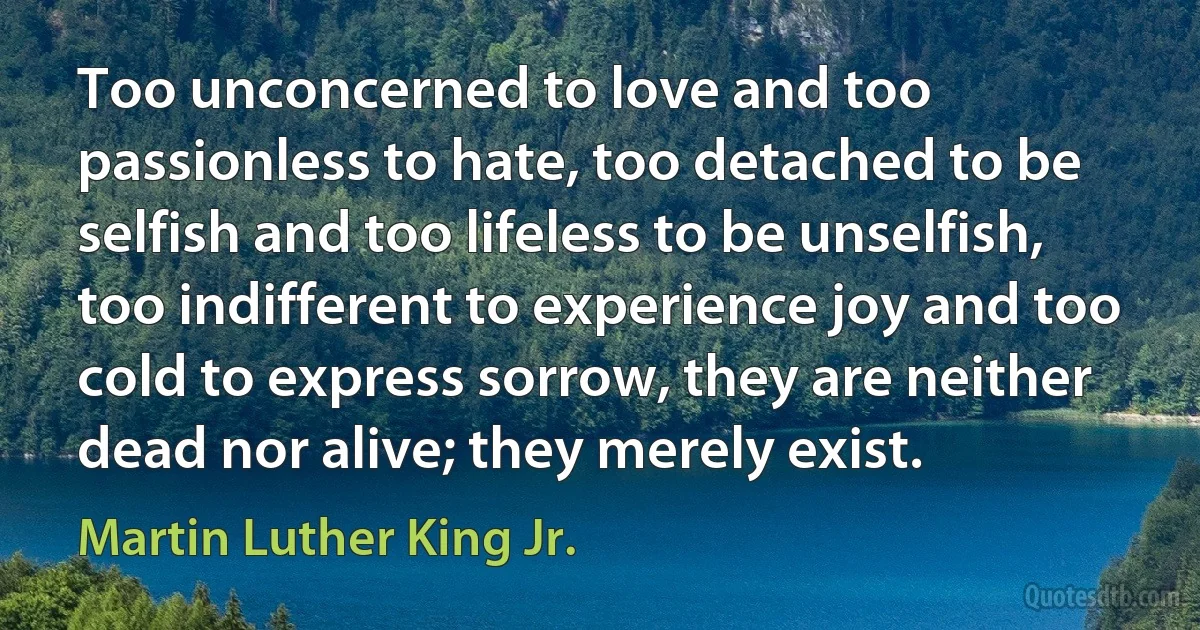 Too unconcerned to love and too passionless to hate, too detached to be selfish and too lifeless to be unselfish, too indifferent to experience joy and too cold to express sorrow, they are neither dead nor alive; they merely exist. (Martin Luther King Jr.)