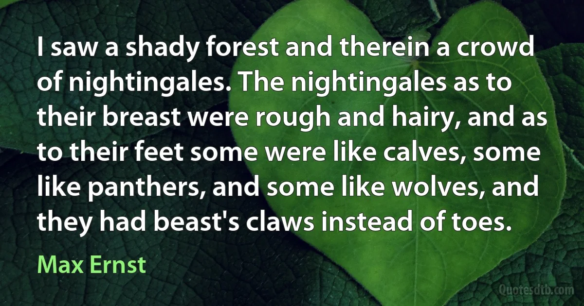 I saw a shady forest and therein a crowd of nightingales. The nightingales as to their breast were rough and hairy, and as to their feet some were like calves, some like panthers, and some like wolves, and they had beast's claws instead of toes. (Max Ernst)