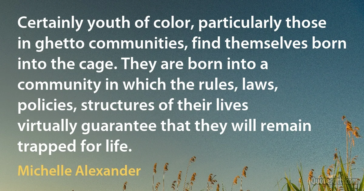 Certainly youth of color, particularly those in ghetto communities, find themselves born into the cage. They are born into a community in which the rules, laws, policies, structures of their lives virtually guarantee that they will remain trapped for life. (Michelle Alexander)