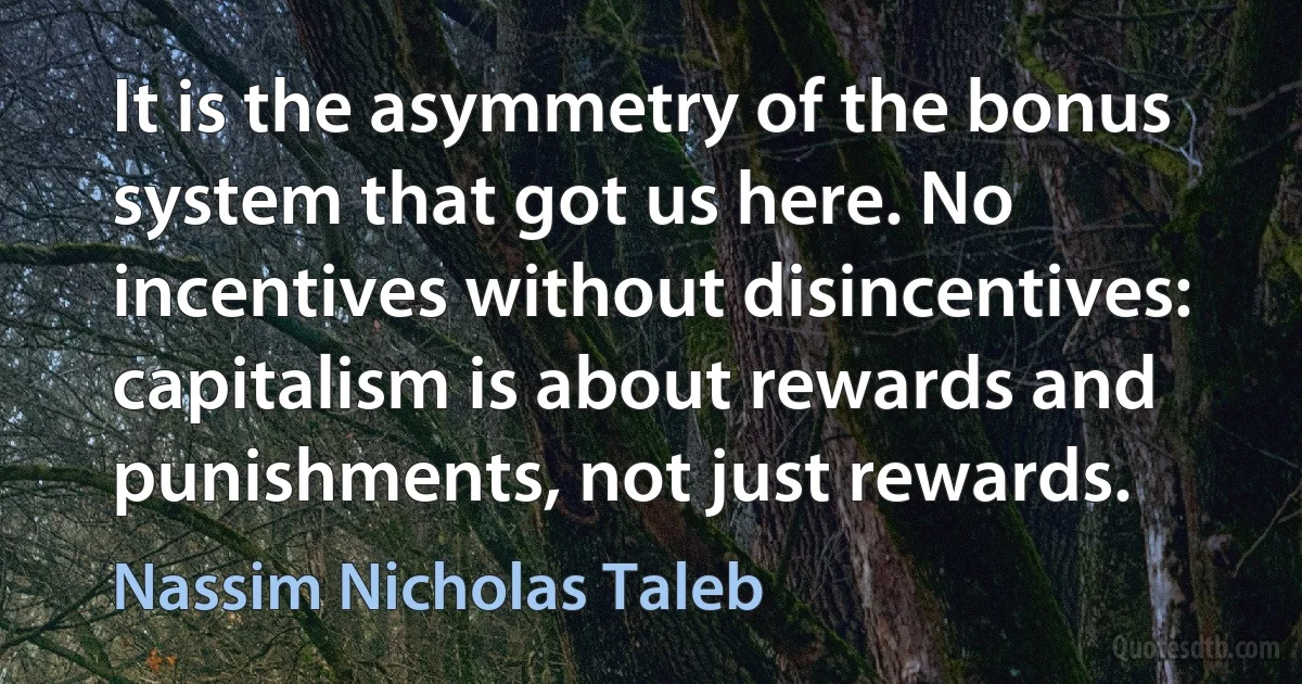 It is the asymmetry of the bonus system that got us here. No incentives without disincentives: capitalism is about rewards and punishments, not just rewards. (Nassim Nicholas Taleb)