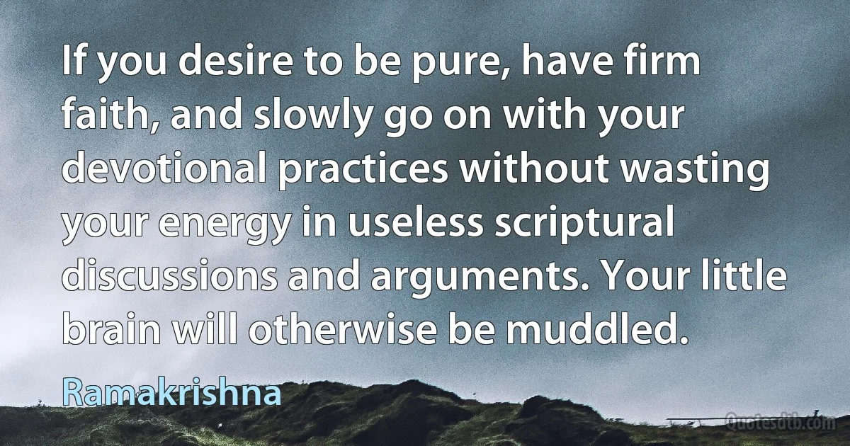 If you desire to be pure, have firm faith, and slowly go on with your devotional practices without wasting your energy in useless scriptural discussions and arguments. Your little brain will otherwise be muddled. (Ramakrishna)