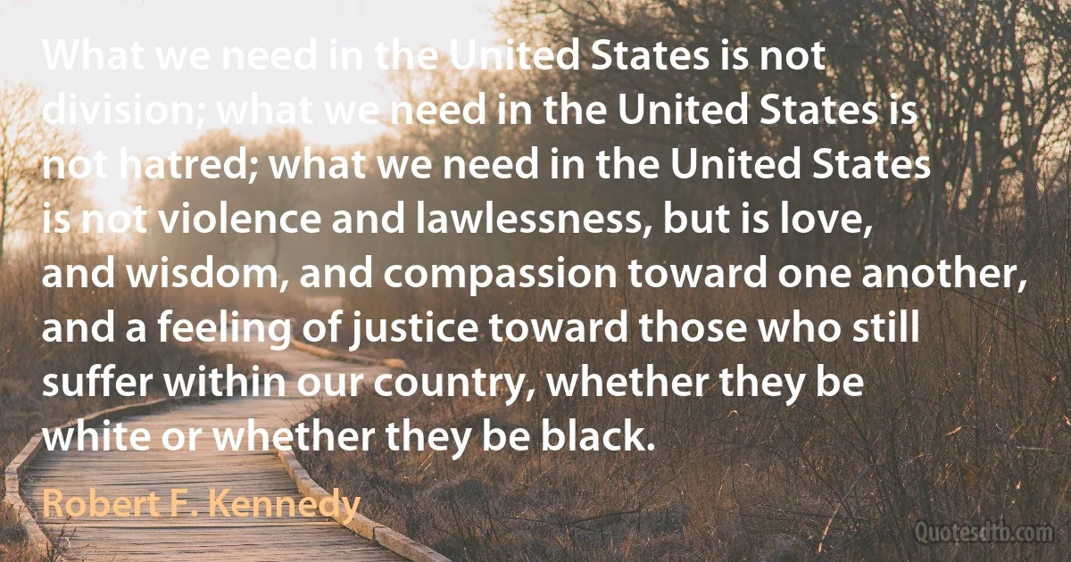 What we need in the United States is not division; what we need in the United States is not hatred; what we need in the United States is not violence and lawlessness, but is love, and wisdom, and compassion toward one another, and a feeling of justice toward those who still suffer within our country, whether they be white or whether they be black. (Robert F. Kennedy)