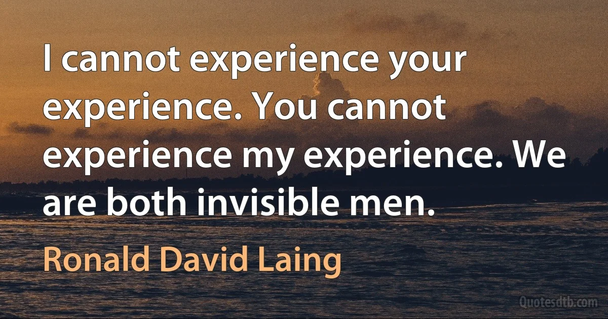 I cannot experience your experience. You cannot experience my experience. We are both invisible men. (Ronald David Laing)