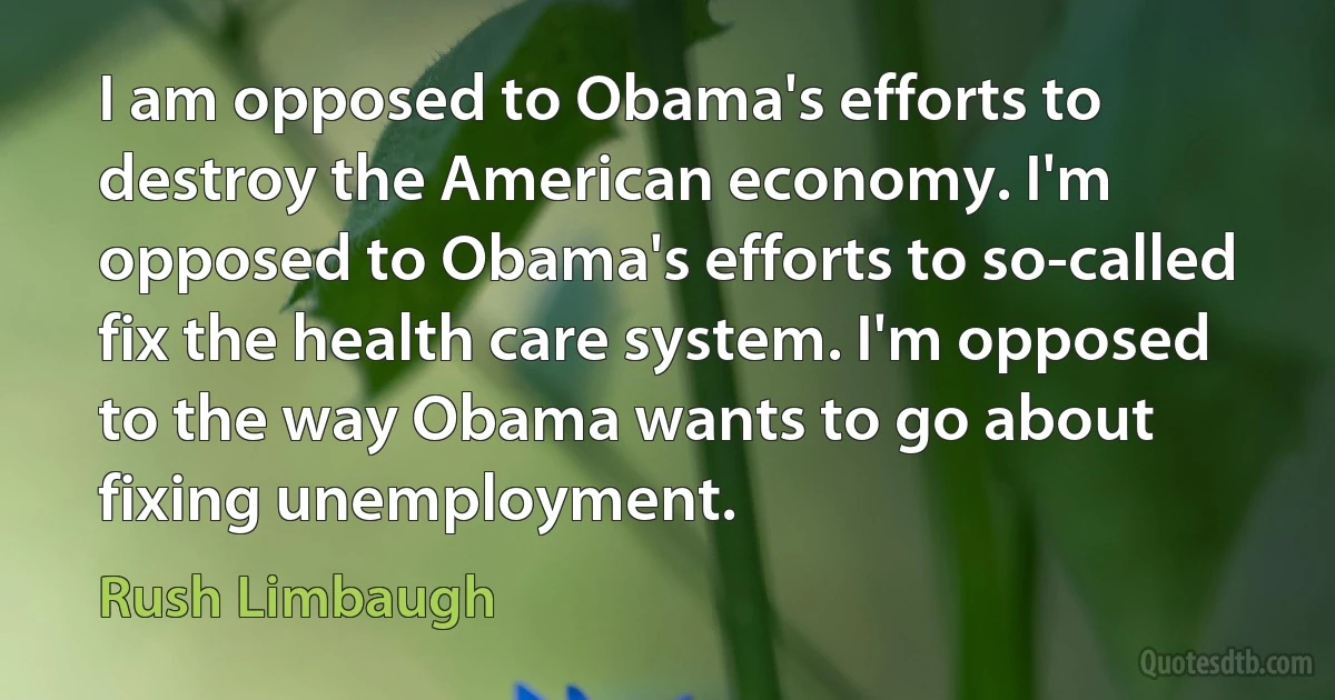 I am opposed to Obama's efforts to destroy the American economy. I'm opposed to Obama's efforts to so-called fix the health care system. I'm opposed to the way Obama wants to go about fixing unemployment. (Rush Limbaugh)