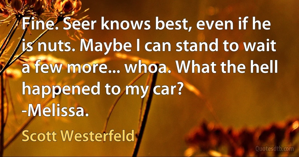 Fine. Seer knows best, even if he is nuts. Maybe I can stand to wait a few more... whoa. What the hell happened to my car?
-Melissa. (Scott Westerfeld)