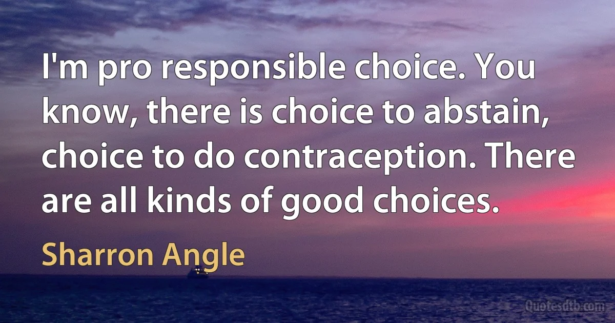 I'm pro responsible choice. You know, there is choice to abstain, choice to do contraception. There are all kinds of good choices. (Sharron Angle)