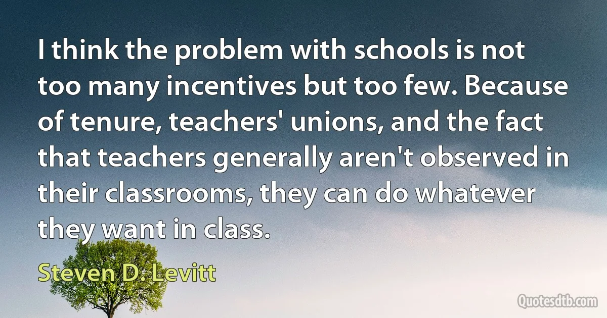 I think the problem with schools is not too many incentives but too few. Because of tenure, teachers' unions, and the fact that teachers generally aren't observed in their classrooms, they can do whatever they want in class. (Steven D. Levitt)