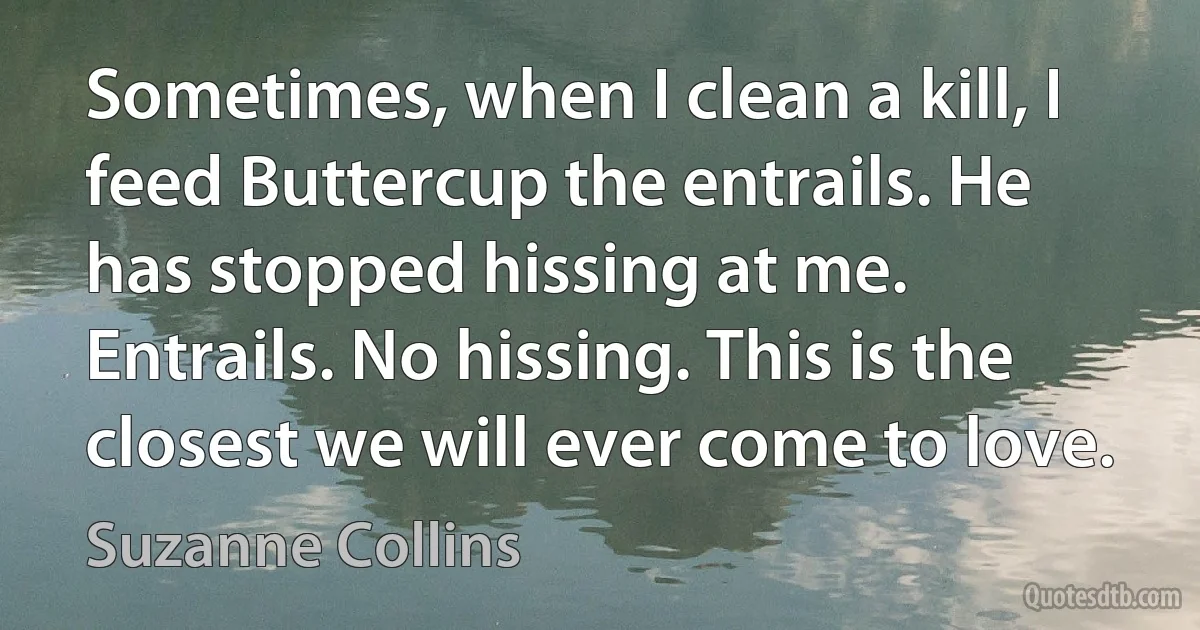 Sometimes, when I clean a kill, I feed Buttercup the entrails. He has stopped hissing at me.
Entrails. No hissing. This is the closest we will ever come to love. (Suzanne Collins)