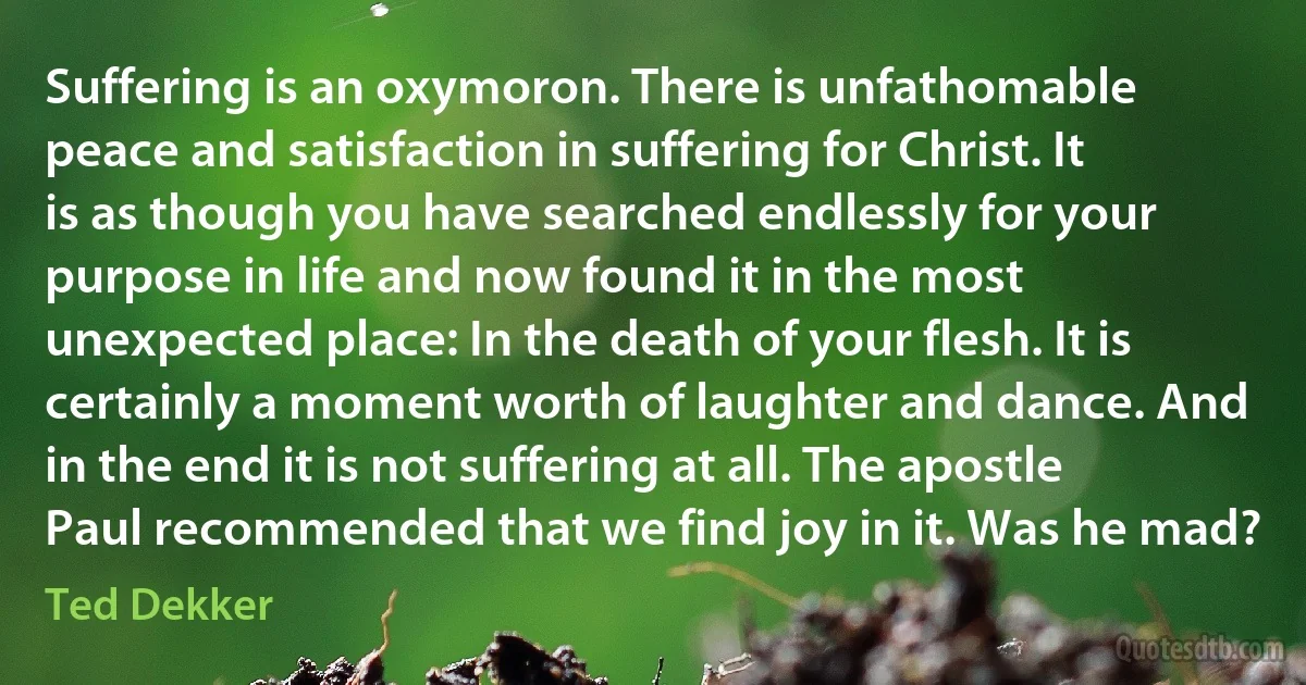 Suffering is an oxymoron. There is unfathomable peace and satisfaction in suffering for Christ. It is as though you have searched endlessly for your purpose in life and now found it in the most unexpected place: In the death of your flesh. It is certainly a moment worth of laughter and dance. And in the end it is not suffering at all. The apostle Paul recommended that we find joy in it. Was he mad? (Ted Dekker)