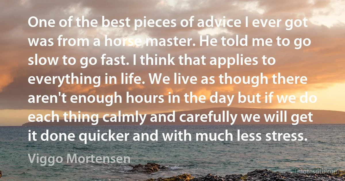 One of the best pieces of advice I ever got was from a horse master. He told me to go slow to go fast. I think that applies to everything in life. We live as though there aren't enough hours in the day but if we do each thing calmly and carefully we will get it done quicker and with much less stress. (Viggo Mortensen)