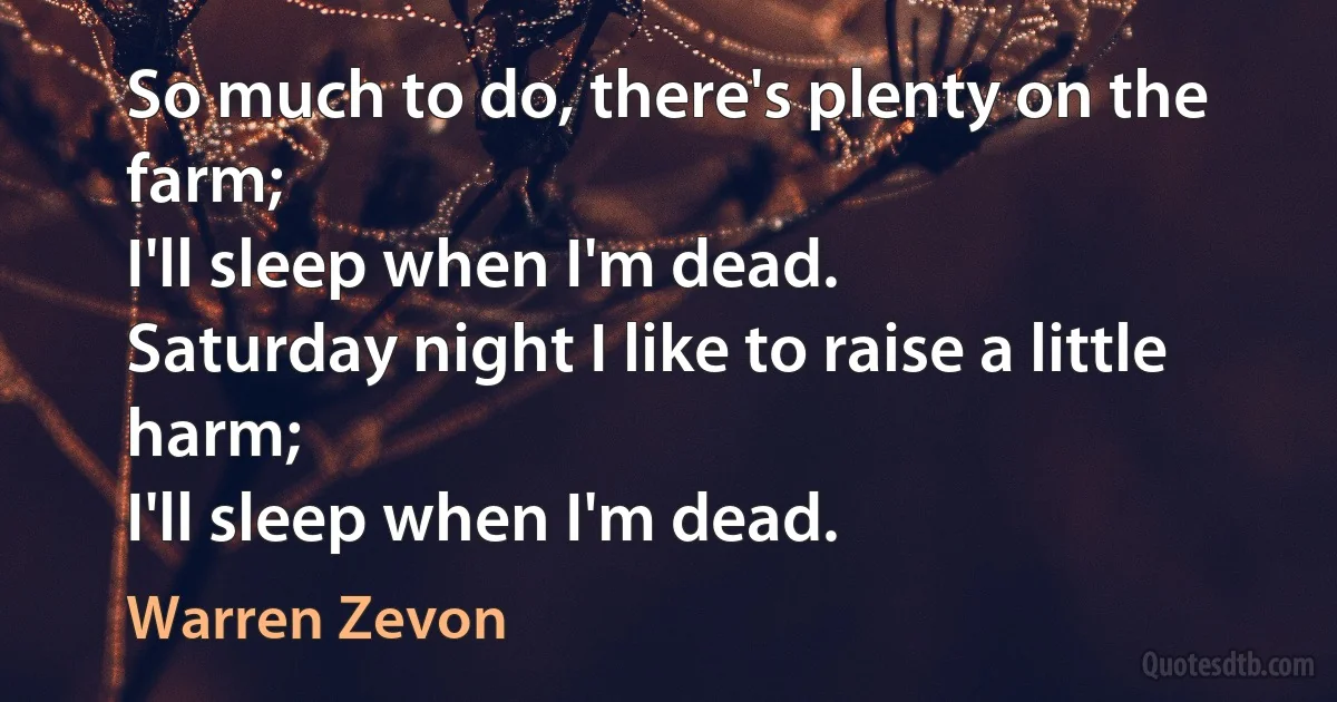 So much to do, there's plenty on the farm;
I'll sleep when I'm dead.
Saturday night I like to raise a little harm;
I'll sleep when I'm dead. (Warren Zevon)