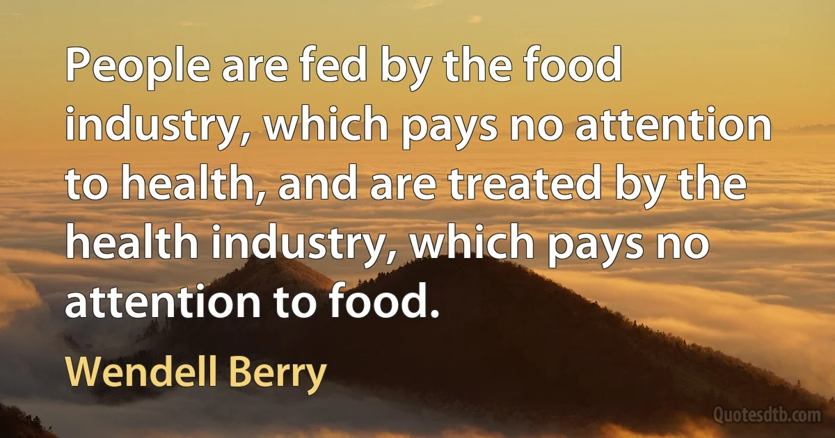 People are fed by the food industry, which pays no attention to health, and are treated by the health industry, which pays no attention to food. (Wendell Berry)