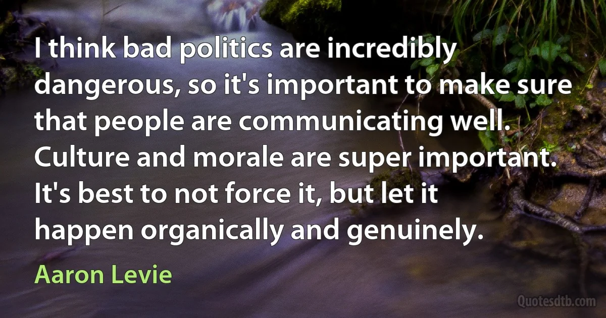 I think bad politics are incredibly dangerous, so it's important to make sure that people are communicating well. Culture and morale are super important. It's best to not force it, but let it happen organically and genuinely. (Aaron Levie)