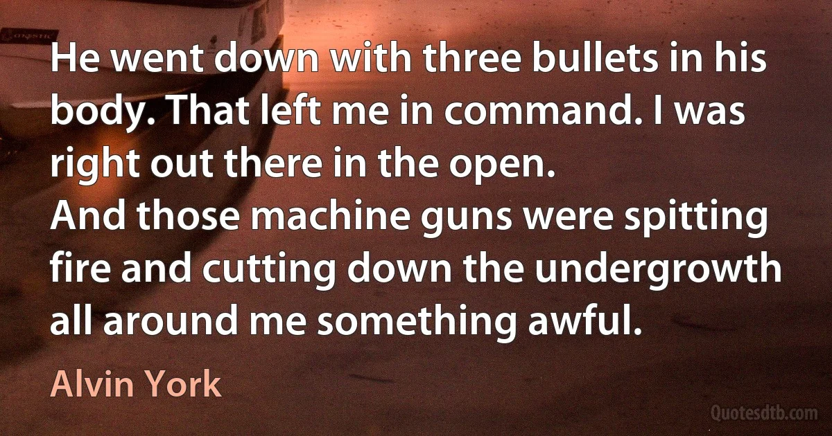 He went down with three bullets in his body. That left me in command. I was right out there in the open.
And those machine guns were spitting fire and cutting down the undergrowth all around me something awful. (Alvin York)