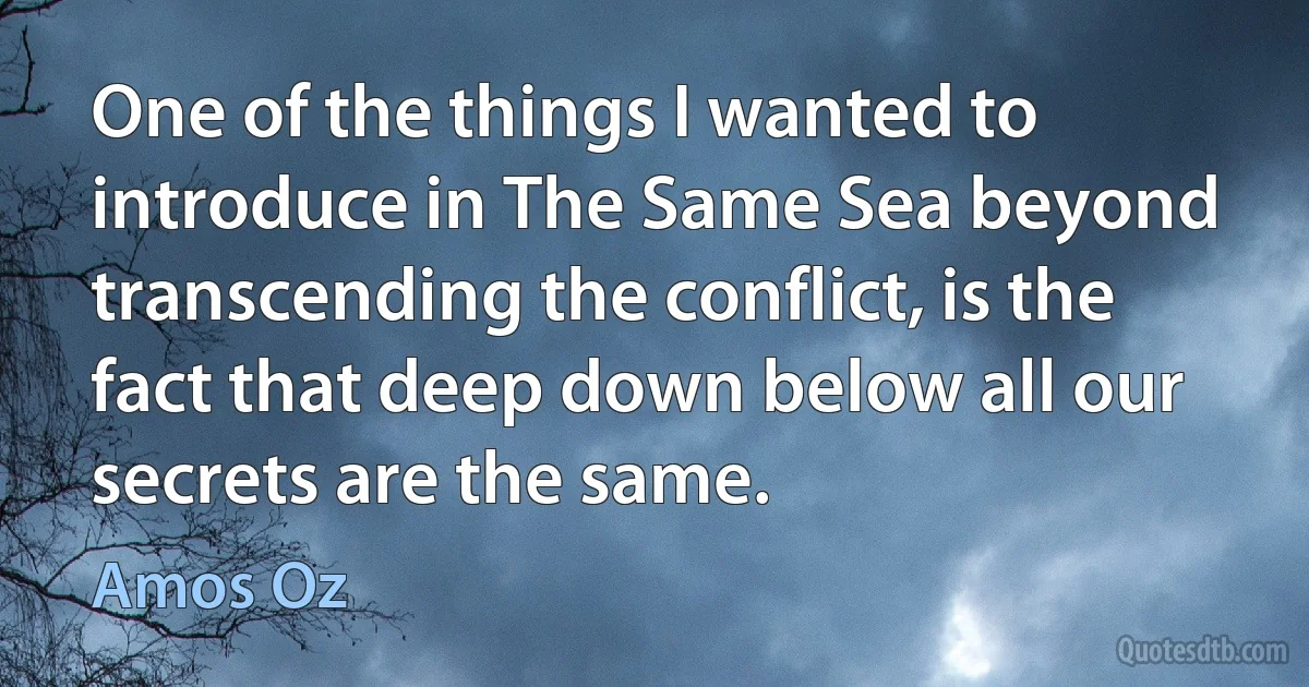 One of the things I wanted to introduce in The Same Sea beyond transcending the conflict, is the fact that deep down below all our secrets are the same. (Amos Oz)