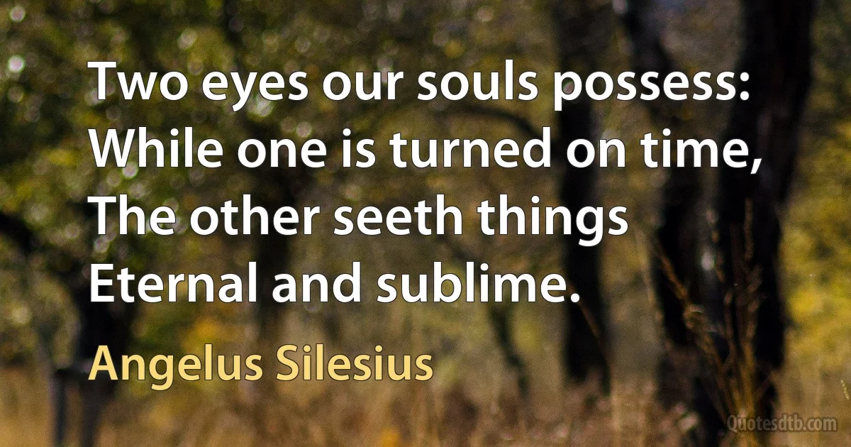 Two eyes our souls possess:
While one is turned on time,
The other seeth things
Eternal and sublime. (Angelus Silesius)