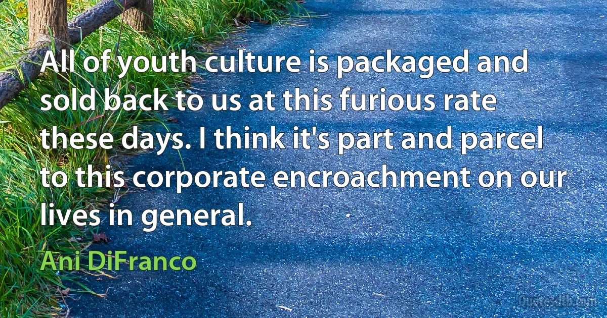 All of youth culture is packaged and sold back to us at this furious rate these days. I think it's part and parcel to this corporate encroachment on our lives in general. (Ani DiFranco)