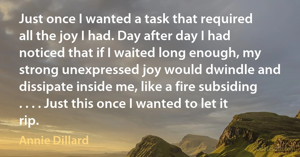 Just once I wanted a task that required all the joy I had. Day after day I had noticed that if I waited long enough, my strong unexpressed joy would dwindle and dissipate inside me, like a fire subsiding . . . . Just this once I wanted to let it rip. (Annie Dillard)