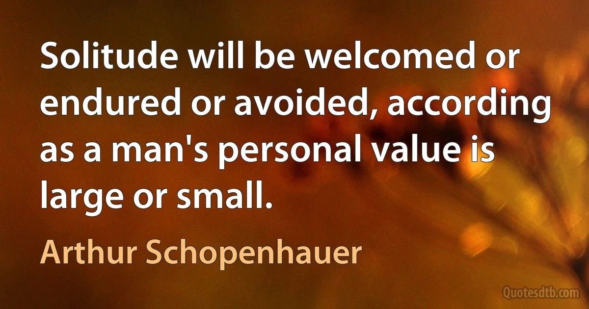 Solitude will be welcomed or endured or avoided, according as a man's personal value is large or small. (Arthur Schopenhauer)