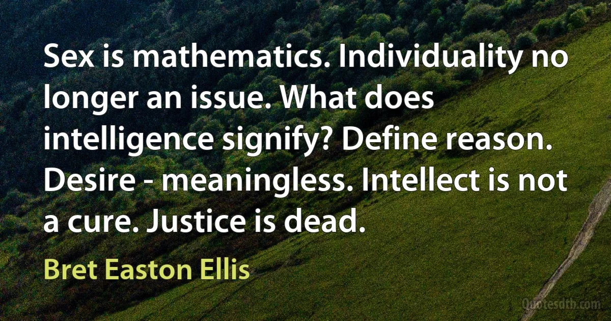 Sex is mathematics. Individuality no longer an issue. What does intelligence signify? Define reason. Desire - meaningless. Intellect is not a cure. Justice is dead. (Bret Easton Ellis)