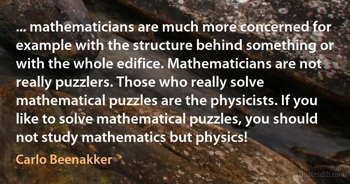 ... mathematicians are much more concerned for example with the structure behind something or with the whole edifice. Mathematicians are not really puzzlers. Those who really solve mathematical puzzles are the physicists. If you like to solve mathematical puzzles, you should not study mathematics but physics! (Carlo Beenakker)