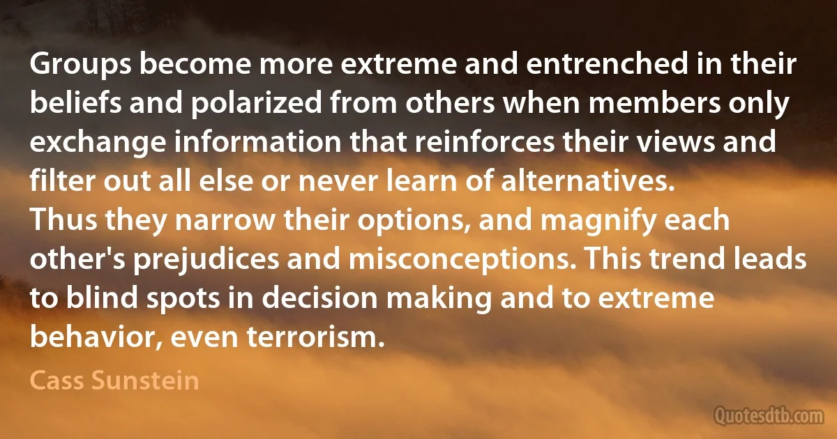 Groups become more extreme and entrenched in their beliefs and polarized from others when members only exchange information that reinforces their views and filter out all else or never learn of alternatives. Thus they narrow their options, and magnify each other's prejudices and misconceptions. This trend leads to blind spots in decision making and to extreme behavior, even terrorism. (Cass Sunstein)