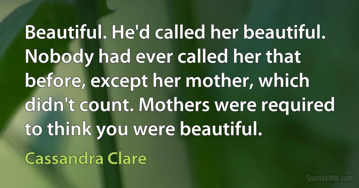 Beautiful. He'd called her beautiful. Nobody had ever called her that before, except her mother, which didn't count. Mothers were required to think you were beautiful. (Cassandra Clare)