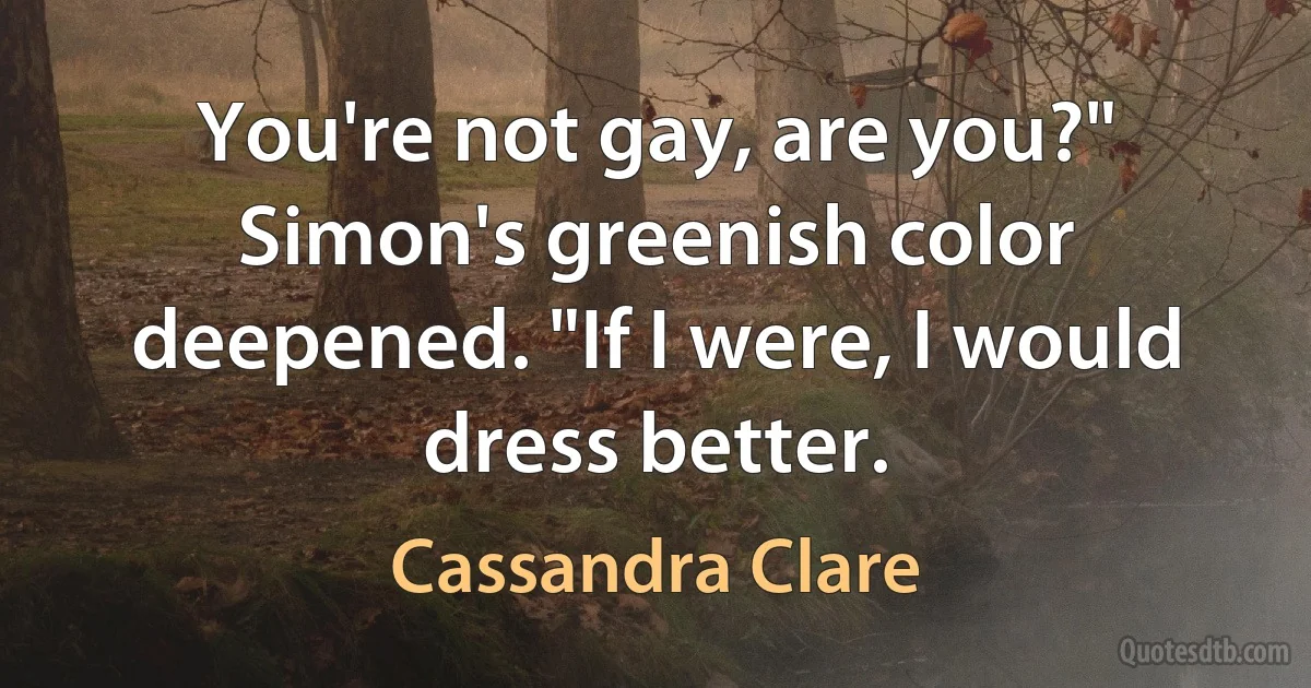 You're not gay, are you?" Simon's greenish color deepened. "If I were, I would dress better. (Cassandra Clare)