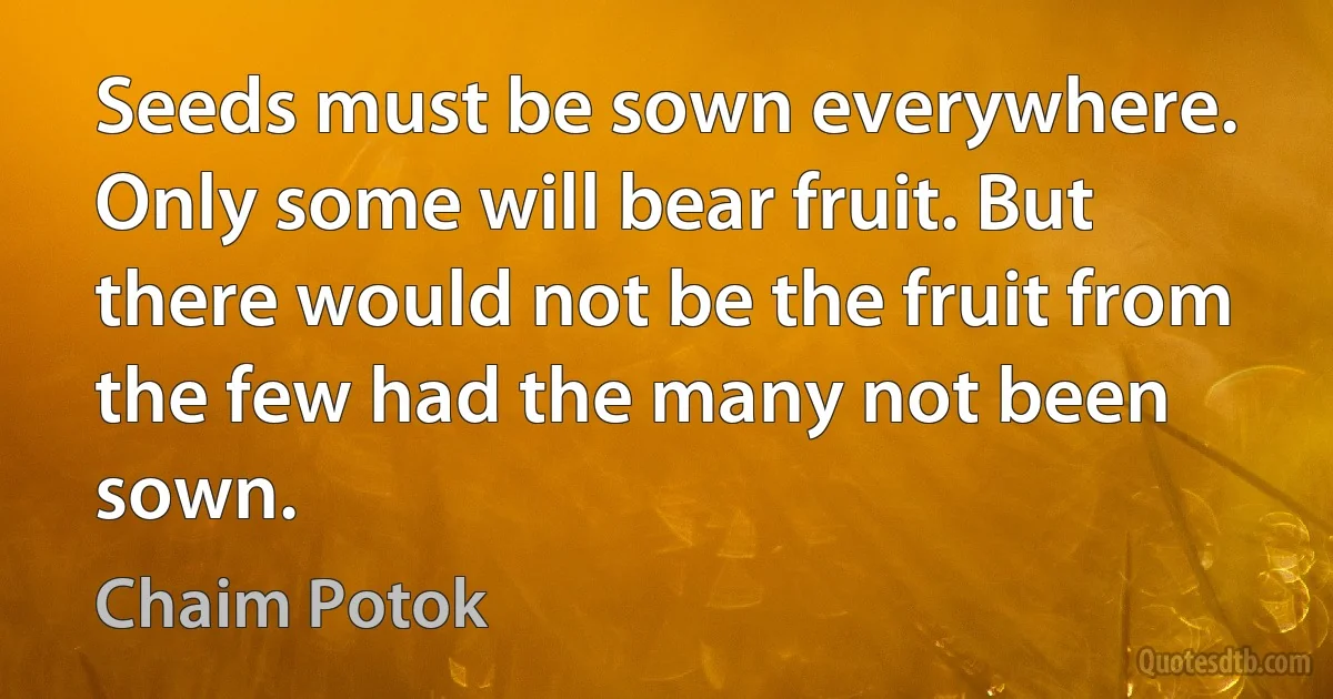 Seeds must be sown everywhere. Only some will bear fruit. But there would not be the fruit from the few had the many not been sown. (Chaim Potok)